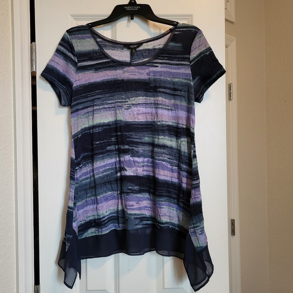 Simply Vera Wang crepe tunic top with asymmetrical hem, sheer hem and trim